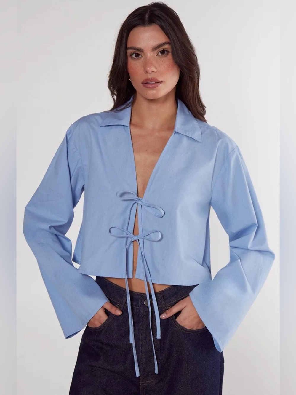 NWT Nasty Gal Blue Cotton Tie Front Collared Wide Cuff Shirt Size 4 Small $78